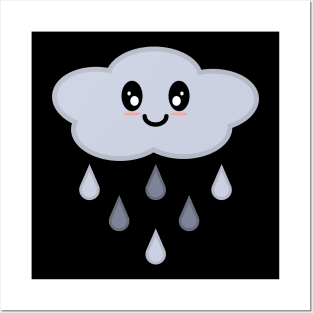 Kawaii Cute Happy Rain Cloud in Black Posters and Art